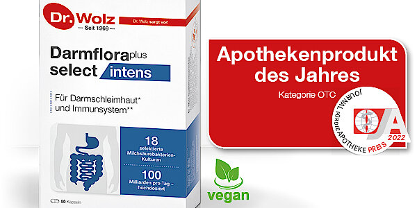 Auszeichnung Apothekenprodukt des Jahres für Darmflora plus select intens