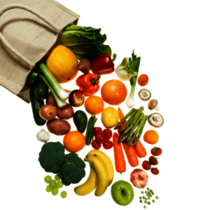 Obst und Gemüse aus einer Tasche Obst und Gemüse aus einer Tasche