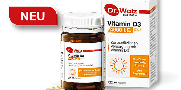 Produktabbildung des neuen Vitamin-D-Präparates Vitamin D3 4000 I.E. plus