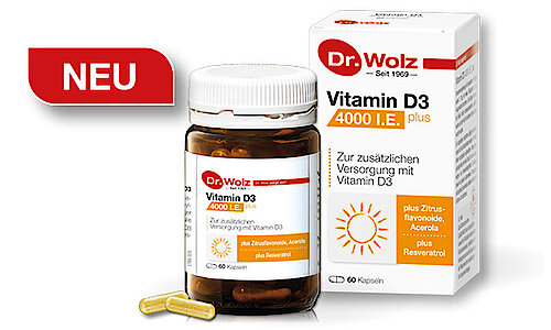 Produktabbildung des neuen Vitamin-D-Präparates Vitamin D3 4000 I.E. plus